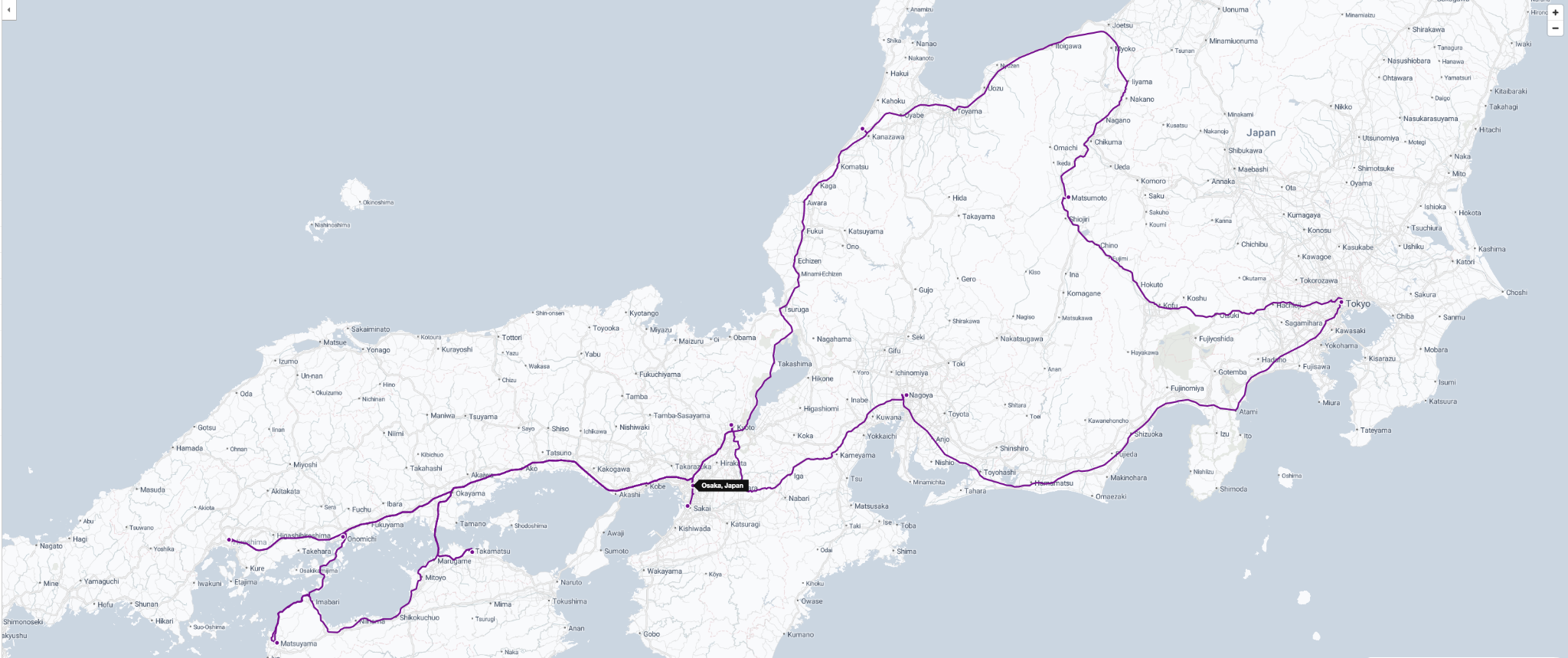 Vores rute gennem Japan med alle 13 stop markeret